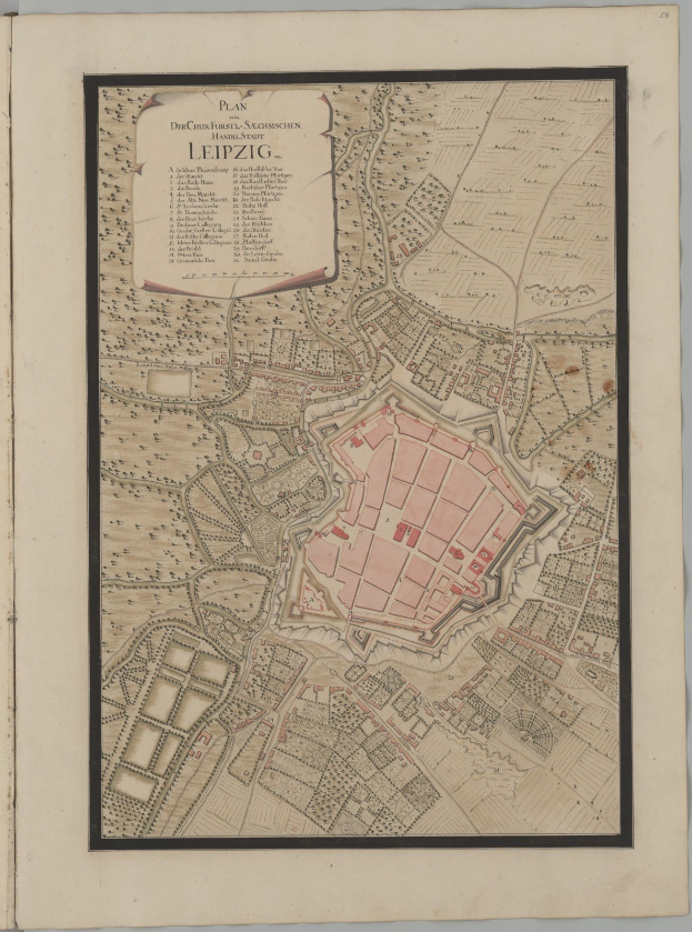 Ein detailliertes altes Buchseite mit einer Vintage-Karte von Leipzig, Deutschland, mit sichtbaren Straßennamen, Gebäuden und Sehenswürdigkeiten.