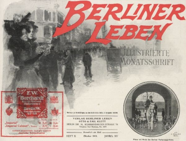 Eine nostalgische deutsche Zeitungsanzeige f├╝r "Berliner Leben" mit einer Gruppe von Menschen in einer belebten Stadtlandschaft mit hohen Geb├Ąuden und einer ├ťberquerung im Hintergrund, mit dem Text "Berliner Leben" in fetter, schwarzer Schrift.