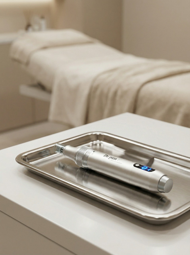 Ein steriles Tablett mit einem Microneedling-Gerät in einem modernen Kosmetikstudio.