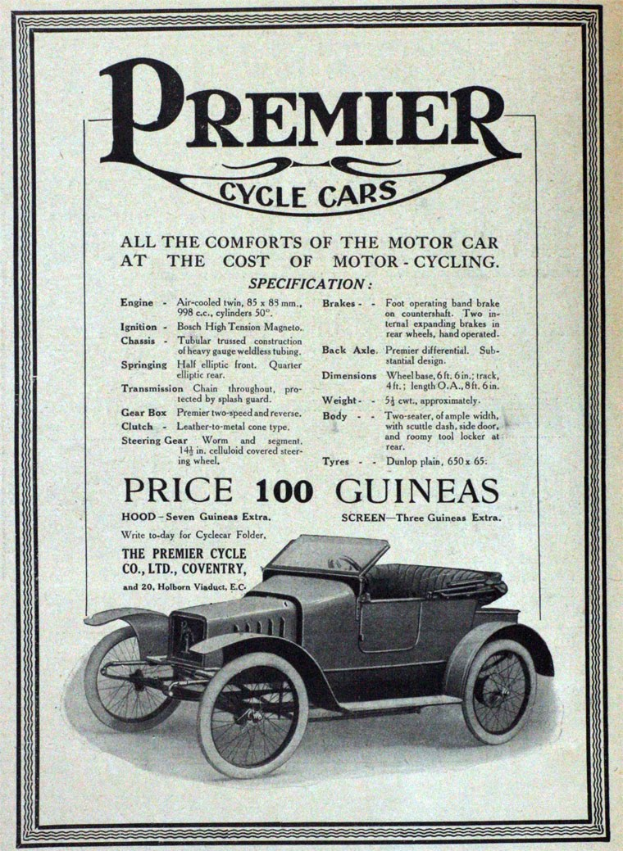Werbung für Premier Cycle Cars mit einem klassischen schwarzen Auto mit schlankem Design und der Aufschrift "Premier Cycle Cars" in Weiß.