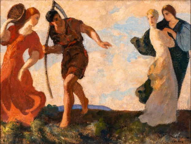 Gemälde mit dem Titel 'Der Tanz des verlorenen Sohns' von Jean-Baptiste-Camille Corot (1884), das einen Mann und zwei Frauen zeigt, die auf einer grasbewachsenen Wiese unter einem bewölkten Himmel tanzen, wobei der Mann einen Stock hält.