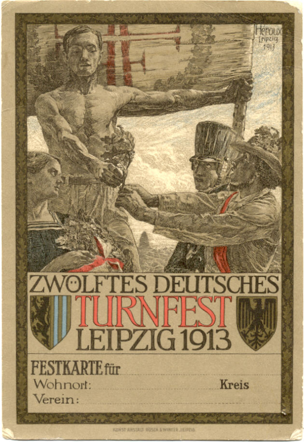 Ein Vintage-Plakat für das Zwölfte Deutsche Turnfest Leipzig 1913, das eine Gruppe von Menschen in der Mitte und Text mit Veranstaltungshinweisen zeigt.