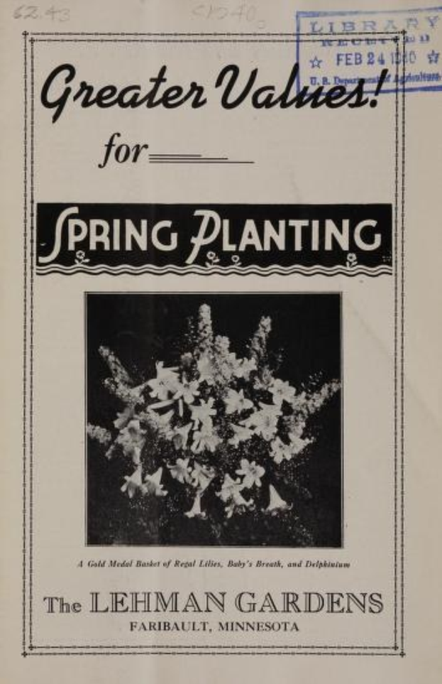 Buntes Papier mit einer Blumenillustration und dem Text "Größere Werte für das Frühjahrspflanzen" von Lehman Gardens in Faribault, Minnesota.