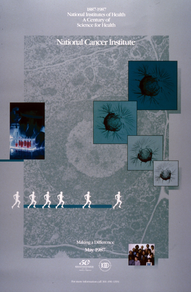 Buntes Plakat für das National Cancer Institute mit blauem Hintergrund und weißer Schrift, das einen Kreis aus überlappenden Bildern von verschiedenen, strahlenden Menschen um den fetten, großen Titel zeigt.