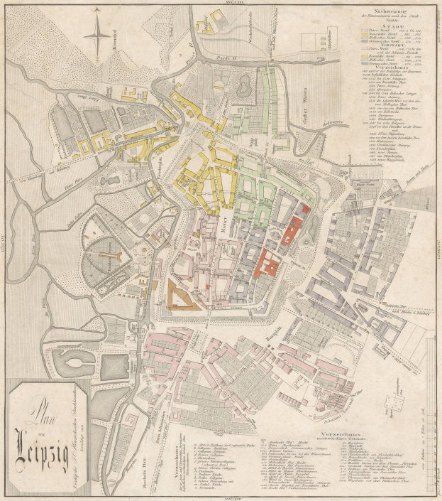 Ein detaillierter alter Stadtplan von Leipzig, Deutschland, der Straßen, Gebäude und Sehenswürdigkeiten mit Textbeschriftungen zeigt.