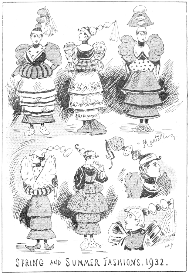 Modeillustration aus dem Jahr 1932, die Frauen in Frühlings- und Sommerkleidern zeigt, mit begleitendem Text.