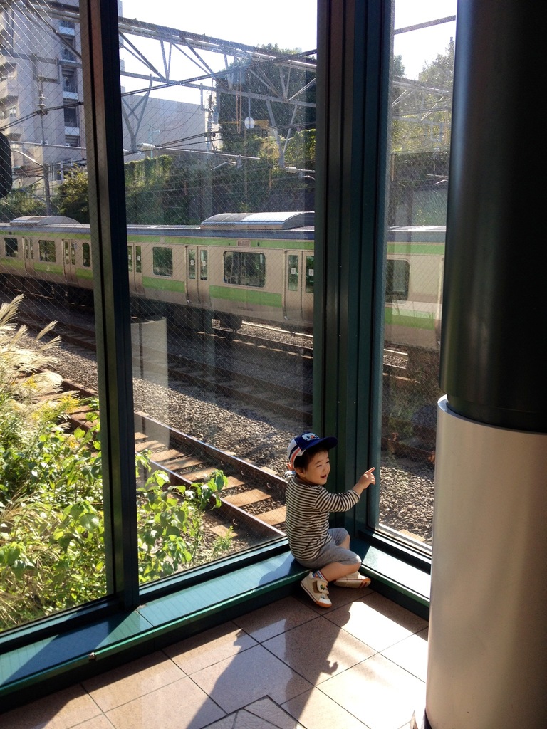 Ein Kind sitzt neben einem Glasfenster mit einem Zug auf einem Bahngleis draußen, neben einem anderen Gleis, Pflanzen, Gebäuden, Stromleitungen, Masten und Himmel, mit einer Säule rechts.