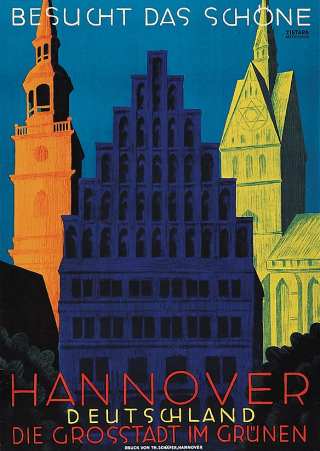 Ein Plakat, das Hannover, Deutschland bewirbt und ein paar Gebäude, Bäume und Text zeigt, der Informationen über die Stadt enthält.