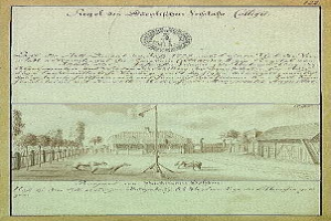 Schwarzes und weißes Bild einer Kopie der ersten Fassung der deutschen Verfassung mit einer handgezeichneten Straßenszene, die eine Fahnenstange, Gebäude, Bäume und Himmel zeigt.