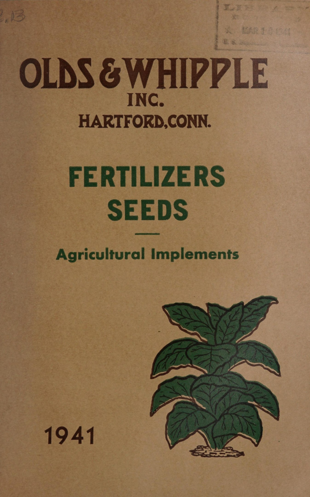 Altes Buchcover mit der Aufschrift "Düngemittel Saatgut Landmaschinen 1941" mit einer Illustration einer grünen Pflanze mit Blättern und Stielen, umgeben von Weiß.