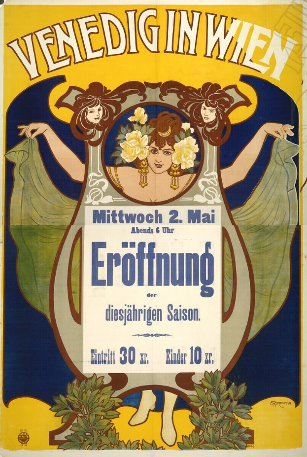 Ein Plakat, das ein Konzert in Wien, Österreich, ankündigt, das eine Frau mit einem menschlichen Gesicht zeigt, das von Blättern und Blumen umgeben ist, mit Text.