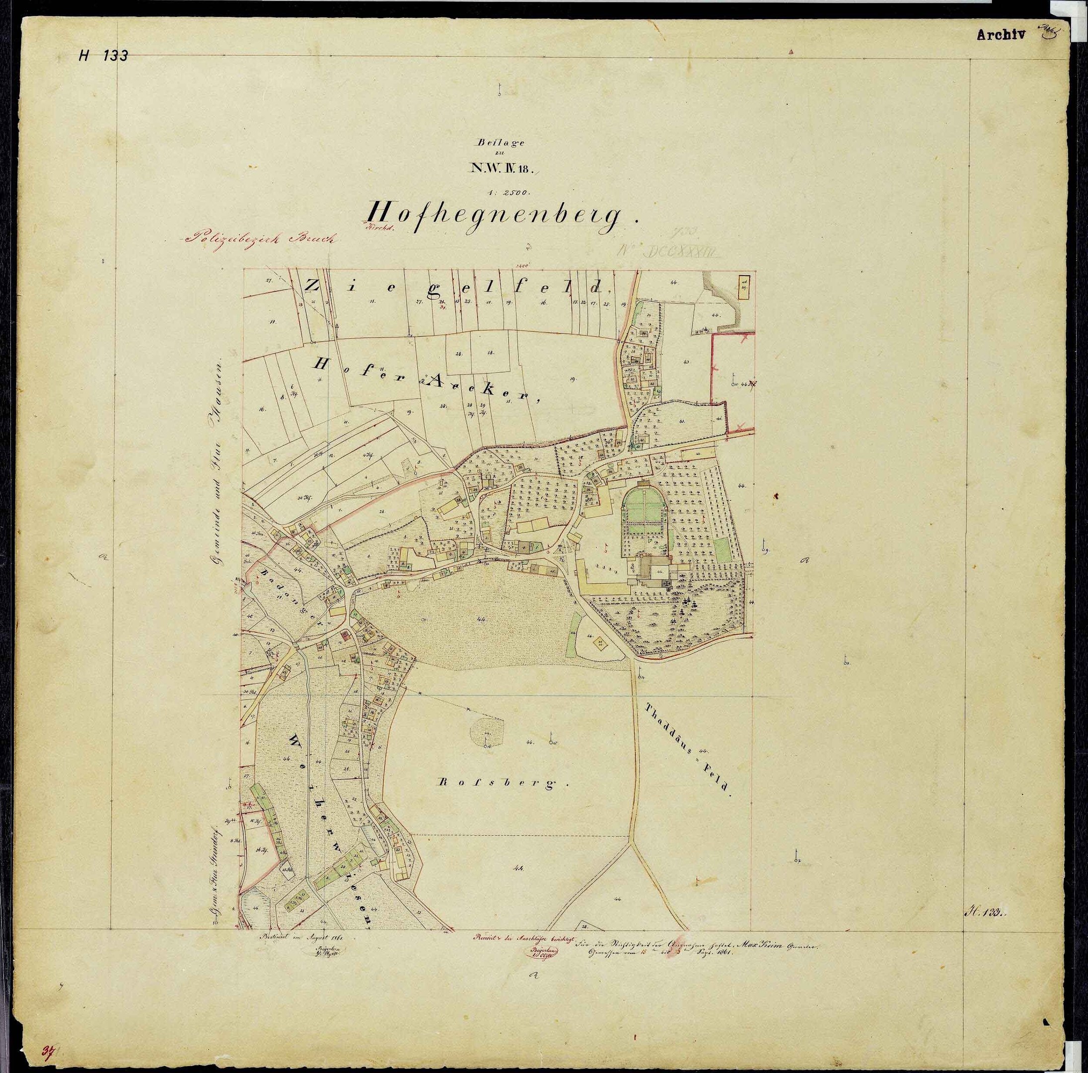 Schwarzumrandete alte Karte von Hofhegenberg, Deutschland, zeigt Straßen, Gebäude und Sehenswürdigkeiten.