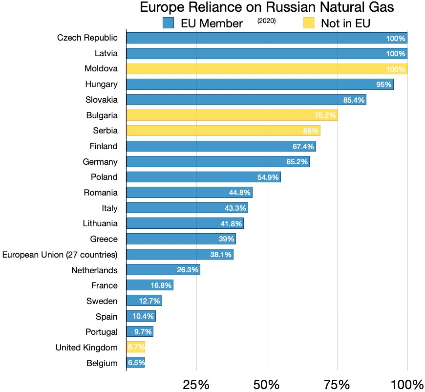 Ein Balkendiagramm, das die Abhängigkeit Europas von russischem Erdgas zeigt, mit Prozentangaben für die Investitionen in das jeweilige Land.