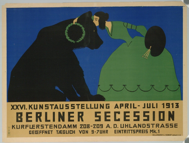 Plakat für die Berliner Secession-Ausstellung 1913, das eine Frau und einen Hund mit Text zeigt.