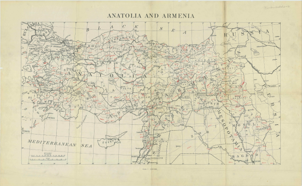 Eine detaillierte Karte von Anatolien und Armenien auf Papier, mit geografischen Merkmalen und begleitendem Text versehen.
