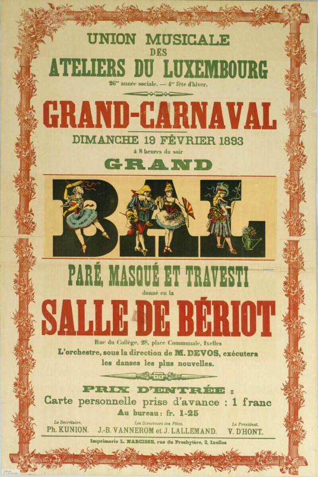Ein Vintage-Plakat, das ein Pariser Karnevalsfest bewirbt, zeigt eine Gruppe von Menschen in traditioneller Kleidung, die fröhlich sind und Spaß haben, vor einem hellgelben Hintergrund, mit einem Banner, das 'Großes Karneval' oben trägt.