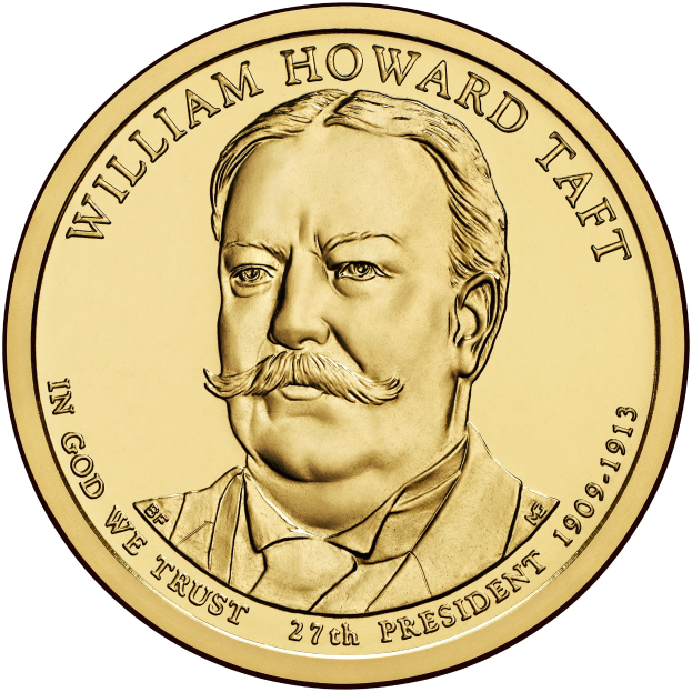 Goldmünze mit einem Porträt von William Howard Taft, beschriftet mit "Präsident der Vereinigten Staaten", auf einem weißen Hintergrund.