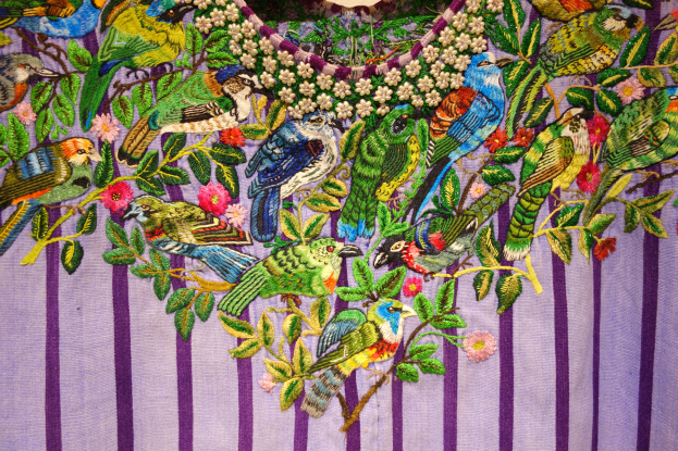 Ein Detailaufnahme eines Kleides mit aufwändiger Stickerei von bunten Vögeln, Blumen und Blättern.