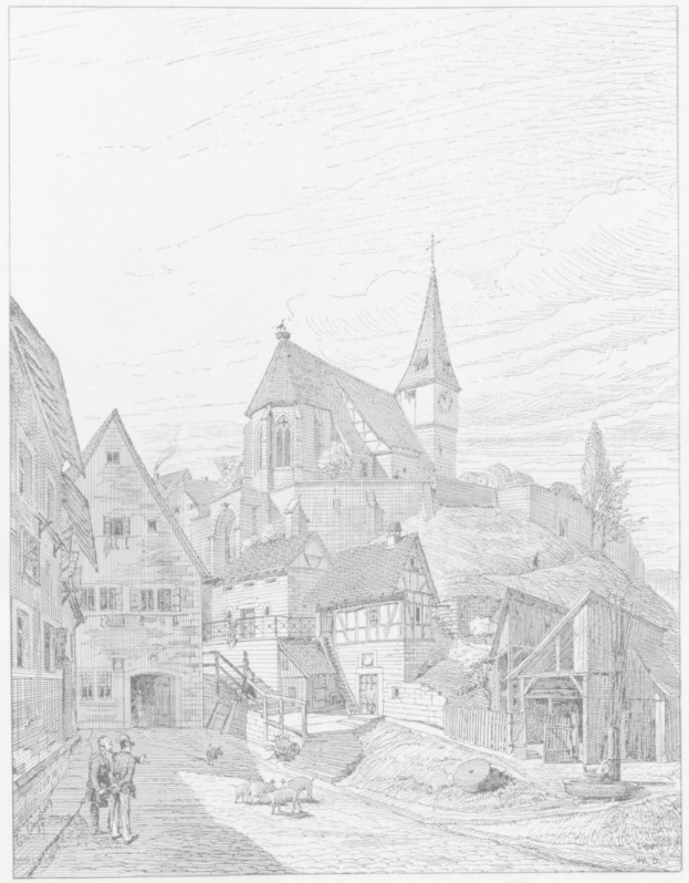 Eine Schwarz-Weiß-Zeichnung einer Straßen Szene in Heidelberg, Deutschland, mit der Kirche der Heiligen Dreifaltigkeit im Hintergrund, umgeben von Gebäuden, Menschen, Tieren, Bäumen und einem Himmel, mit Text unten lesbar "Die Kirche der Heiligen Dreifaltigkeit in der Altstadt von Heidelberg, Deutschland".