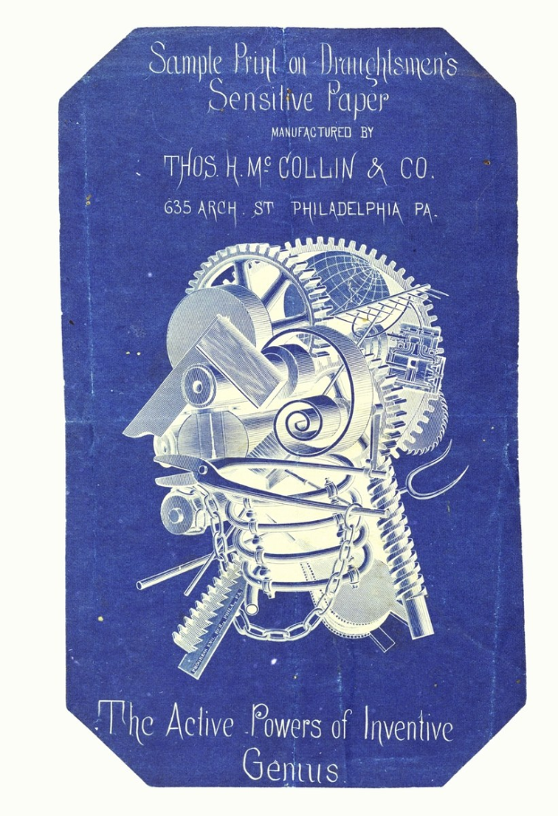 Blaues Buch mit dem Titel "Die aktiven Kräfte des erfinderischen Genies" mit einem weißen Cover, das ein entschlossenes Männergesicht zeigt.