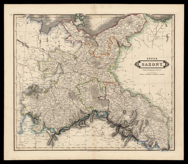 Ein detailliertes altes Kartenbild von Sachsen, Deutschland, auf einem schwarzen Hintergrund, das Provinzen, Städte und geografische Merkmale zeigt.