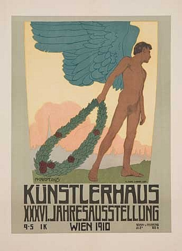 Deutsches Propagandaplakat aus dem Jahr 1910 für das Künstlerhaus Wien mit einem geflügelten Mann in einem Kranz, mit ausgestreckten Armen und kräftiger Schrift und leuchtenden Farben.
