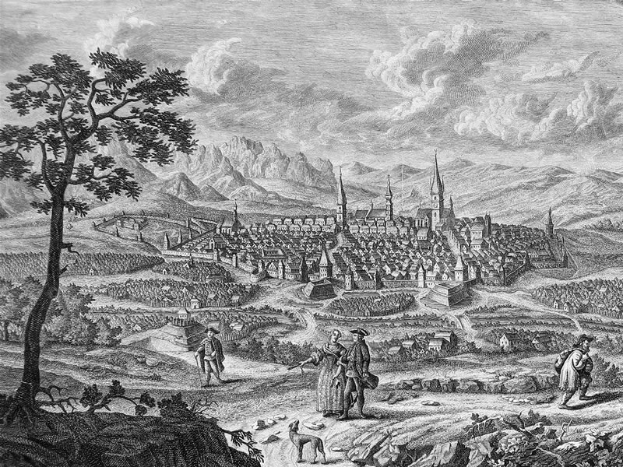 Eine Schwarz-Weiß-Radierung einer Stadt mit Menschen und Tieren im Vordergrund, umgeben von Bäumen und Hügeln im Hintergrund, mit der Inschrift "Hannover, Deutschland aus der Illustrated London News" unten.