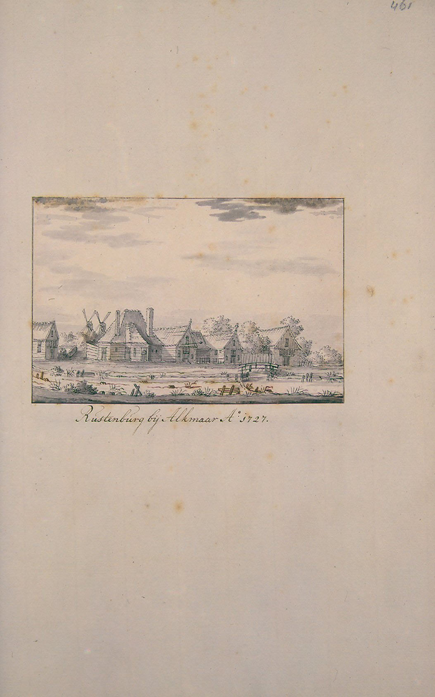 Ein altes Buch mit einer Zeichnung eines Dorfes mit Häusern, Bäumen und einem wolkenverhangenen Himmel, mit der Aufschrift "Ruttenburg by almaar d 1727" auf der Seite.