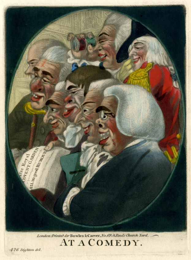 Eine Gruppe von Menschen in einem Kreis, die lachen und Spaß haben, wobei eine Person ein Blatt Papier hält und unten ein Text steht, der 'Bei einer Komödie' lautet.