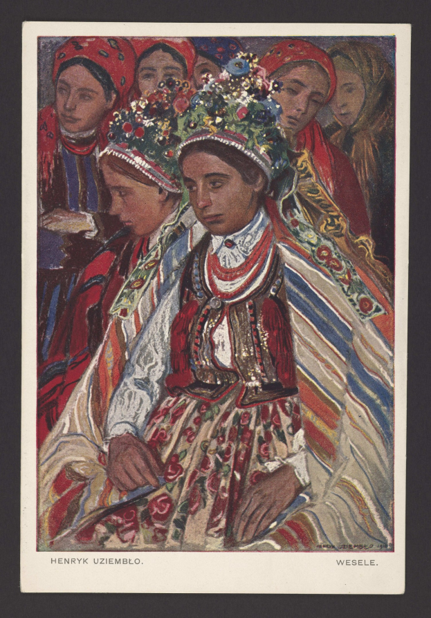 Ein Bild einer Gruppe von Frauen in traditioneller russischer Kleidung, mit einem menschlichen Gesicht in der Mitte, das in einem Photo-Frame angezeigt wird.