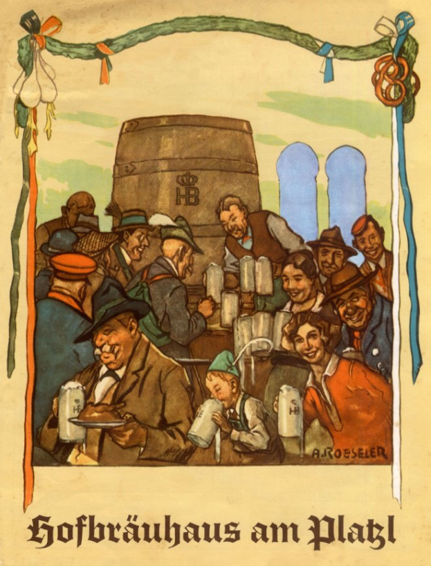 Ein Plakat, das ein Bierfest in Deutschland ankündigt und eine Gruppe von Menschen zeigt, einige halten Biergläser, mit einem Fass im Hintergrund und deutschem Text unten.