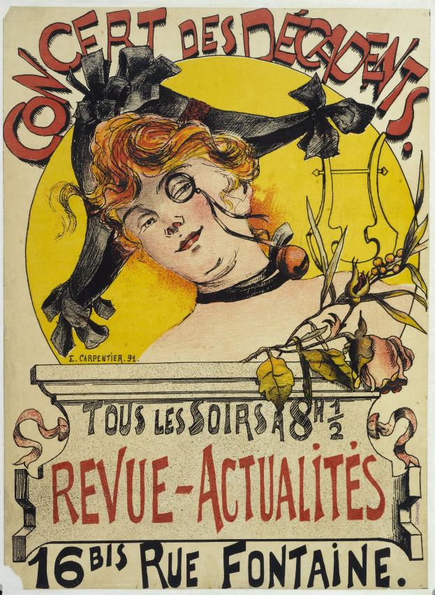 Plakatankündigung eines Decadents-Konzerts mit einer Frau mit menschlichem Gesicht und Text mit Veranstaltungseinzelheiten.