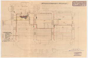 Schwarze-weißer Architekturplan des Rosenhof-Krankenhauses in Hamburg, Deutschland, mit detaillierten Entwürfen und beschrifteten Räumen, Fluren und umfangreicher Verdrahtung im Gebäude.