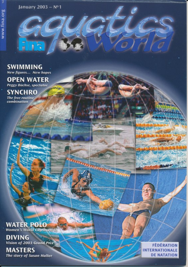 Cover des Januar 2003-Hefts der Zeitschrift Aquatics FINA World, das synchronisierte Schwimmer in Bewegung unter einem hellblauen Himmel zeigt, mit dem Zeitschriften-Titel in fetter weißer Schrift quer darüber.