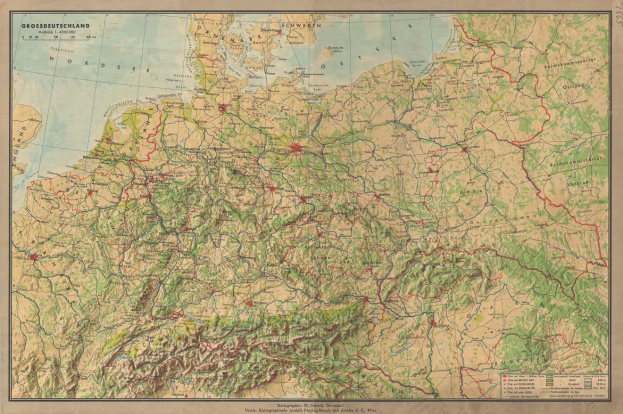 Detailierte alte Deutschland-Karte, die Straßen, Autobahnen und geographische Merkmale zeigt, mit Text oben und unten.