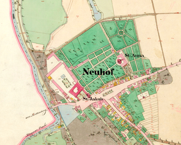 Ein detaillierter alter Stadtplan von Neuhof, Deutschland, der Straßen, Gebäude und weitere Merkmale mit Textbeschriftungen zeigt.
