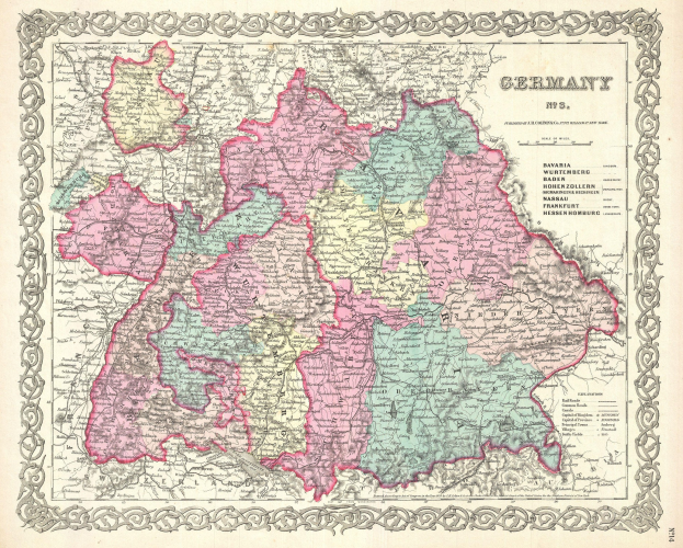 Alte Deutschlandkarte mit Bayern, Baden-Württemberg und Baden-Provinzen mit regionalen Textdetails auf Papier gedruckt.