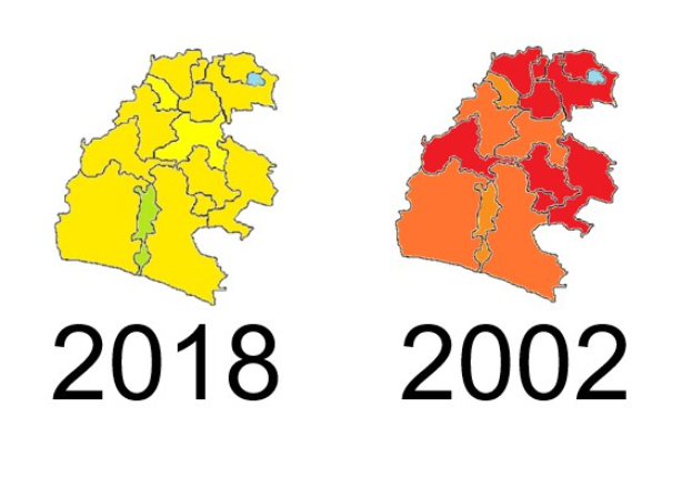 Karte von Deutschland, die die provinziellen Grenzen von 2002 und 2018 zeigt, wobei die Bereiche von 2002 gelb und rot und die von 2018 orange sind, auf einem weißen Hintergrund mit Text.