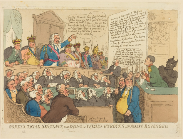 Cartoon-Szene im Gerichtssaal mit einem zentralen stehenden Mann, sitzenden Figuren, einem Tisch mit Gegenständen auf der rechten Seite und dem Text "Boney's Trial, Sentence, and Dying Speech Europe's Injuries Revenged" unten.