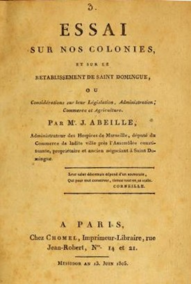 Umschlag eines alten Buches mit dem Titel "Essai sur nos Colonies, et sur l'Établissement de Saint Dominique", das likely Essays zur französischen Kolonialgeschichte und Regionalkultur enthält.