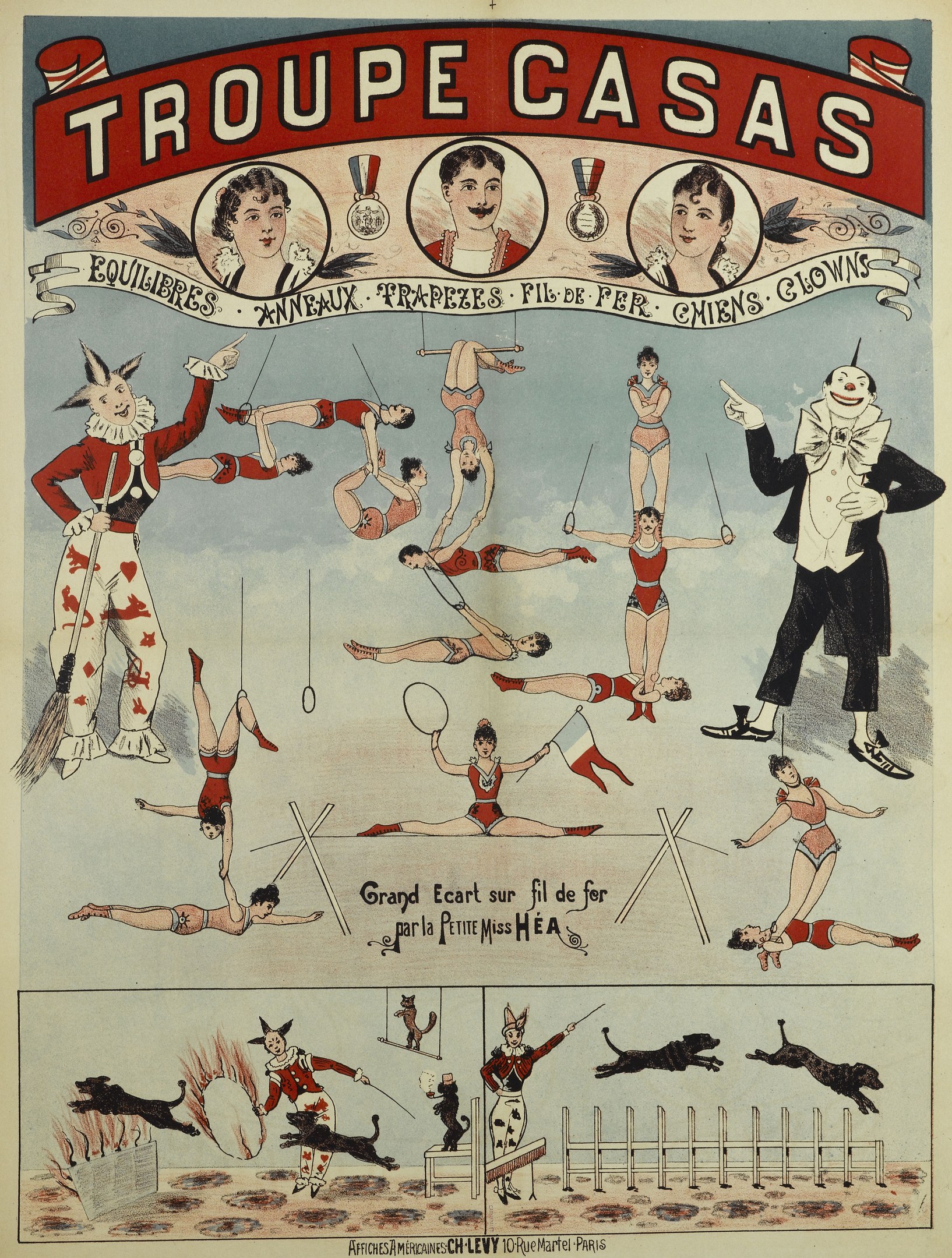 Zirkusposter mit dem Titel 'Troupe Casas', das Zirkusartisten in bunten Kostümen und Masken zeigt, zusammen mit Tierbildern, die ein Ereignis in Paris ankündigen.