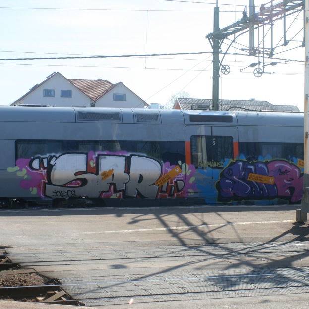 Zug mit Graffiti und sichtbaren Kabeln, Häuser mit Fenstern im Hintergrund.