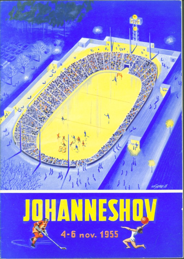 Ein Plakat aus dem Jahr 1955, das ein Eishockeyspiel in Johannesburg, Südafrika, ankündigt und eine volle Arena mit Zuschauern, Bäumen und Lichtern sowie Text und Zahlen zeigt.