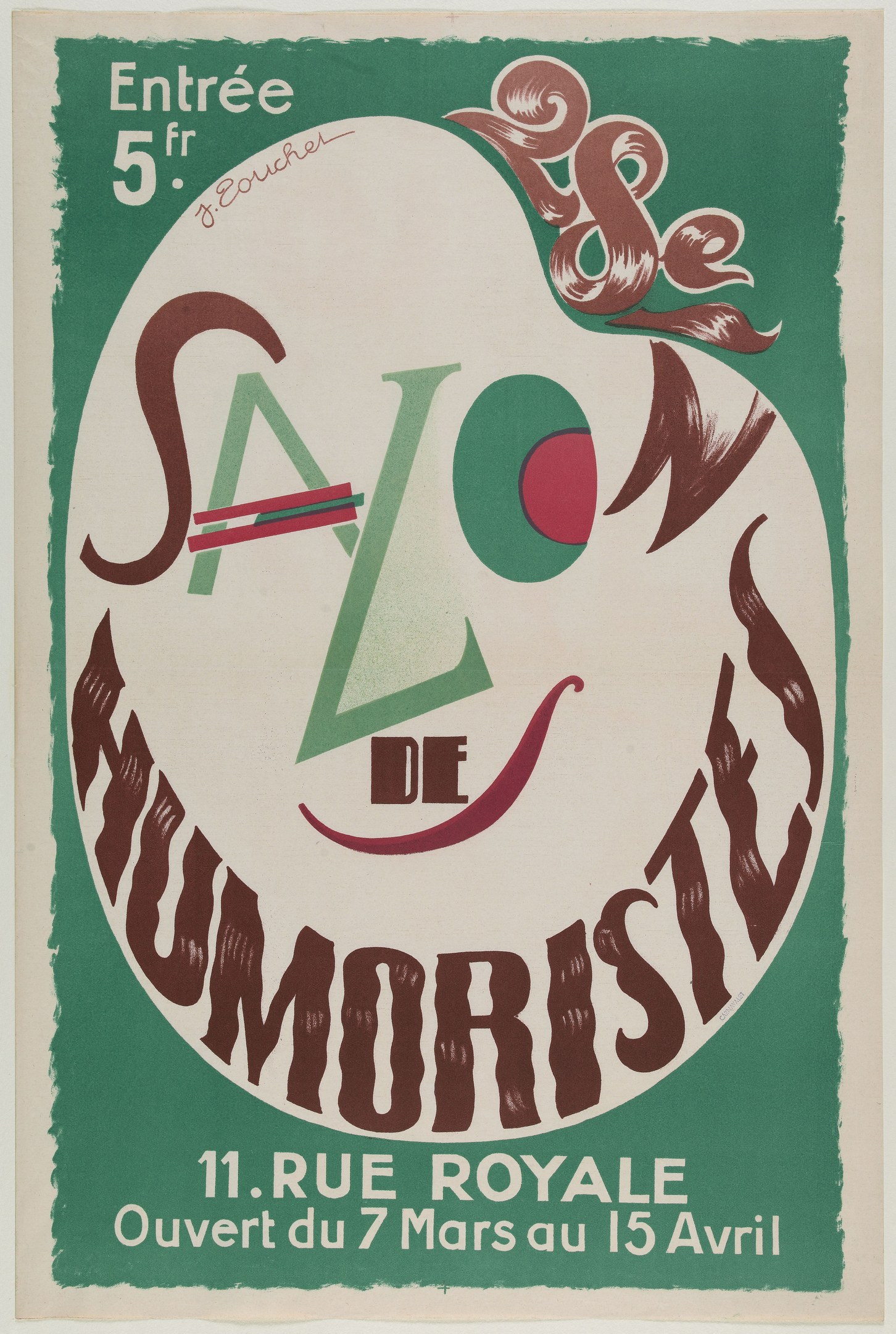 Plakat für eine Humoristentafel in Paris, Frankreich, mit Text, der die Angebote beschreibt.