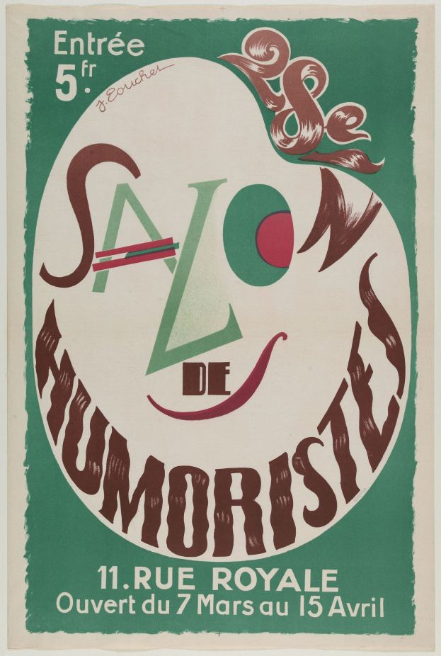 Plakat für eine Humoristentafel in Paris, Frankreich, mit Text, der die Angebote beschreibt.