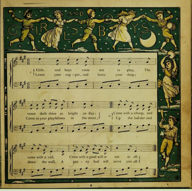 Ein Blatt mit einer fröhlichen Gruppe von Kindern, die in bunten Kleidern tanzen, neben einem Notenblatt mit der Aufschrift "Jungs und Mädels".