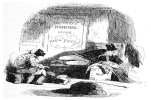 Ein Schwarz-Weiß-Cartoon eines Mannes in einem Zylinder, der auf einer Bank neben einer Frau im Krankenhausbett sitzt, mit einer Tür und Text an der Wand im Hintergrund und dem Text "The Rowdy Journal Office" unten.