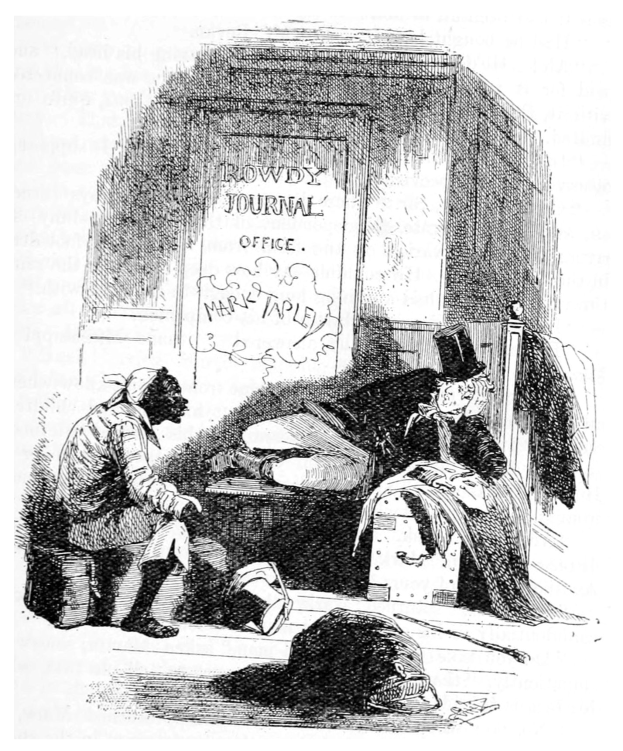 Ein Schwarz-Weiß-Cartoon eines Mannes in einem Zylinder, der auf einer Bank neben einer Frau im Krankenhausbett sitzt, mit einer Tür und Text an der Wand im Hintergrund und dem Text "The Rowdy Journal Office" unten.