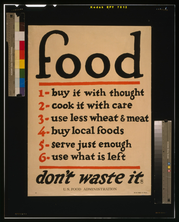 Plakat mit Text zur Förderung der Lebensmittelkonservierung: "Kaufe es mit Bedacht, koche es mit Sorgfalt, verwende weniger Getreide & Fleisch, serviere nur das Nötige, verwende den Rest, verschwende es nicht."