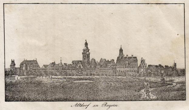 Eine Zeichnung einer Stadt mit einem zentralen Uhrenturm, umgeben von Gebäuden, Bäumen und Gras, mit der Beschriftung "Alterhof in Bayern" unten.